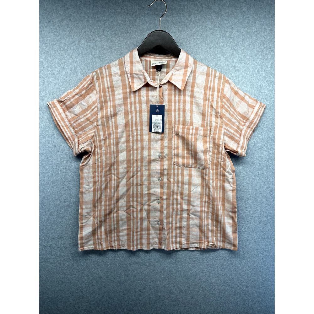 A New Day Womens Button Up Shirt Size Small Plaid Coral Short Sleeve NWT